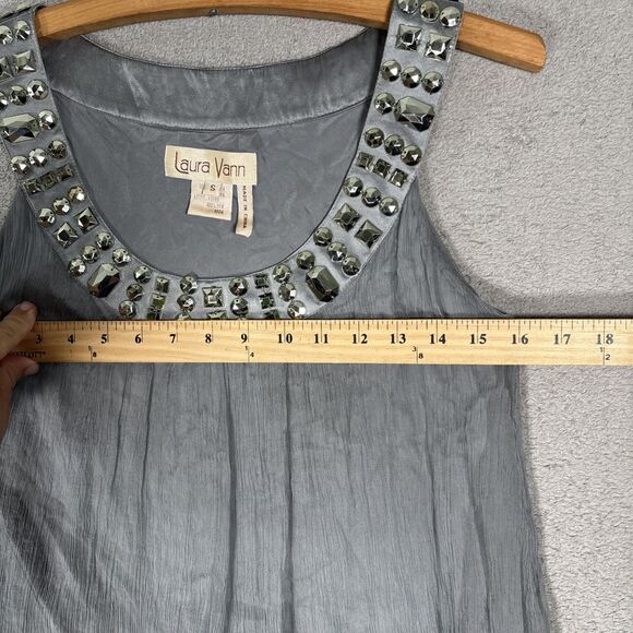 Laura Vann Women’s Size S Silk Gray Mini Dress Micro Pleat Layered Chiffon Jewel - Picture 10 of 16